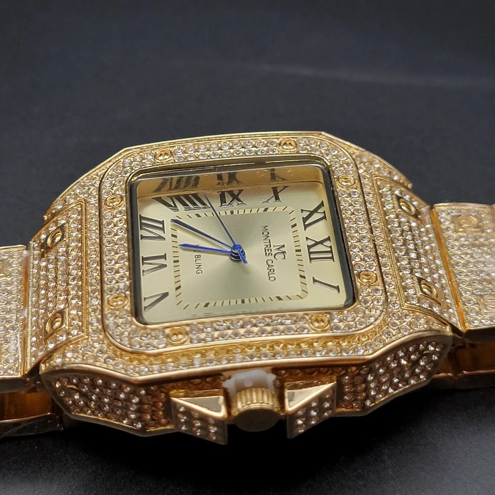 Men’s Gold Tone Iced Out Pavé MC Montres Carlo Bling Watch – Roman Numerals 45mm
